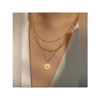 Gold Plated Stainless Steel 3pc Disc Pendant Chain Necklace